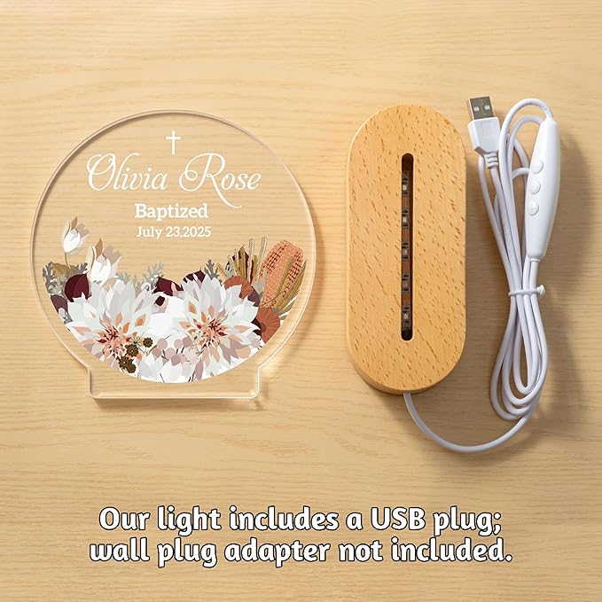 7GEEFT Personalized Baby Gifts for Kids, Custom Flower Acrylic Sign Plaque with Name Night Light for Boys Girls, Baby Shower Newborn Baptism Christening Gifts, Children's Bedroom Nursery Room Decor