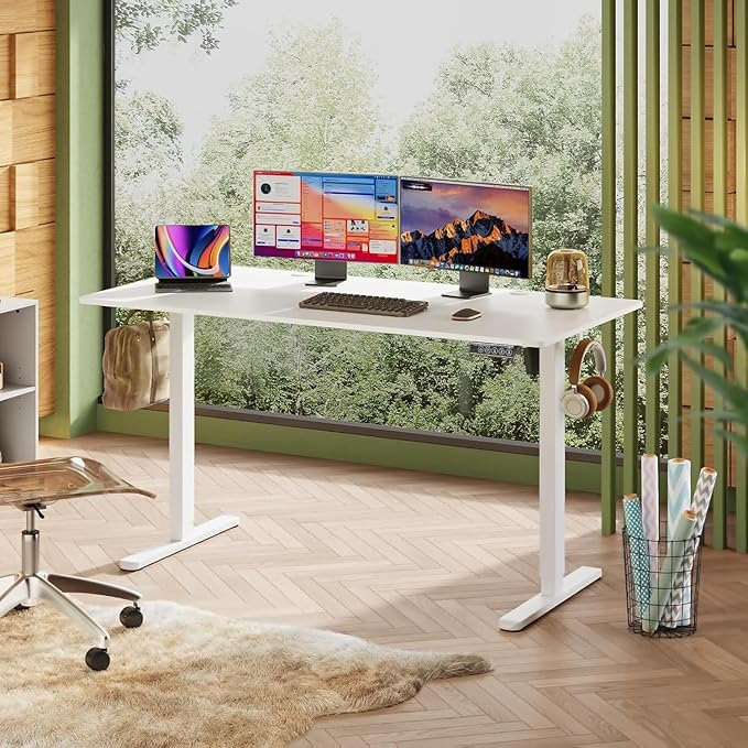 DEVAISE 55 x 28 Inch Electric Standing Desk, One-Piece Desktop Seamless Adjustable Height Table, Sit to Stand Desk with Adjustable Height, 3 Preset Memory Sit Stand up Desk for Home, Office (White)