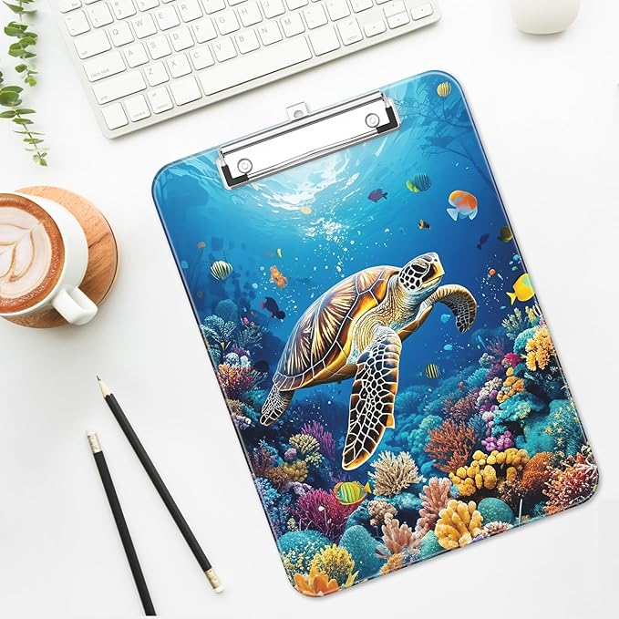 Luminzo Plastic Cute Clipboard Low-Profile Metal Clip, A4 Letter Size 9 x 12.5 in, 8.5 x 11 Paper Clip Board for Teachers, Nurses, Classroom,Sea Turtles