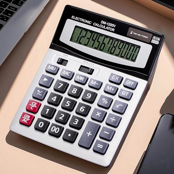 YEBMoo 12 Digit Desktop Calculator with Large LCD Display and Sensitive Button, Dual Solar Power and Battery, Standard Function for Office (YE1200v)