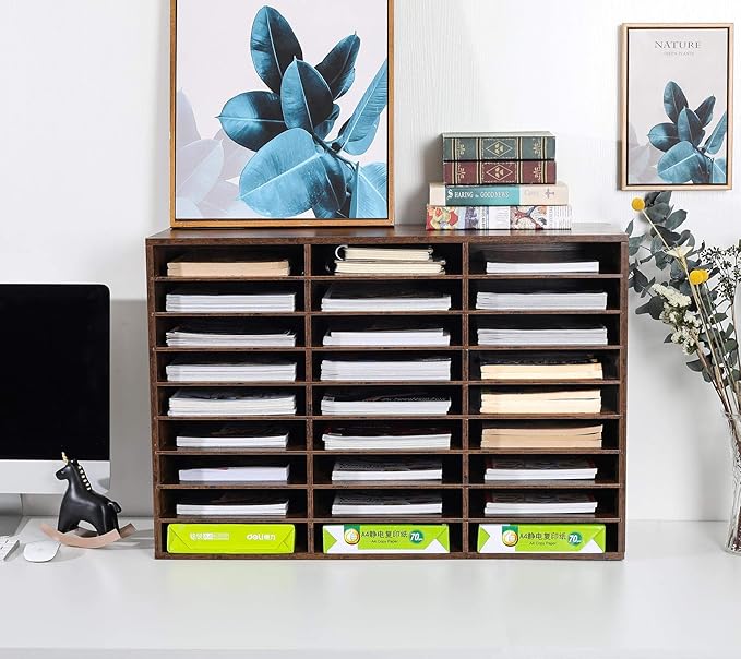 TQVAI Wood Literature Organizer, 27 Slots Hold 13500 Sheets A4 Papers, Wooden Desk File Paper Storage Organizer with Adjustable Shelves, Mailbox Cubbies for Office Home Classroom, Classroom, Archaize