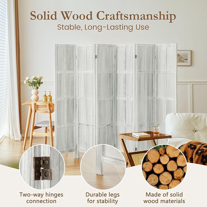 ALeesing 6 Panel Room Divider, 5.6Ft Wood Room Dividers and Folding Privacy Screens, Room Divider Wall Freestanding Room Partitions, Room Dividers Screen for Home Office Bedroom, White