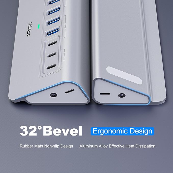 Powered USB Hub 10Gbps, intpw 9-Port USB 3.2 Hub, USB C Hub with USB A/USB C 3.2, 4 USB 3.0, 2 PD 45W Charging Ports, 65W Power Adapter and 3.3FT Cable, Aluminum USB Hub for Laptop, iPhone 17/16/15，PC