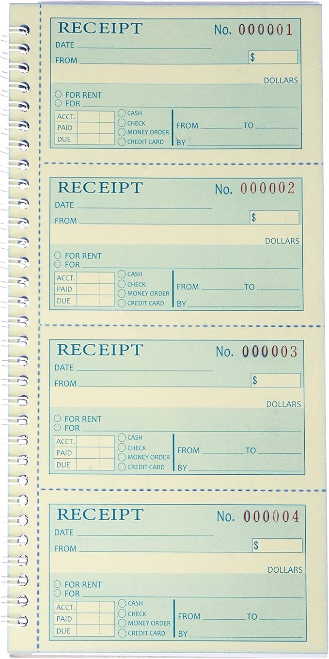Receipt Book with Carbon Copies,Money and Rent Receipt Book,2-Part Carbonless,5.31" x 11.22",Spiral Bound,200 Sets per Book,4 Receipts per Page.