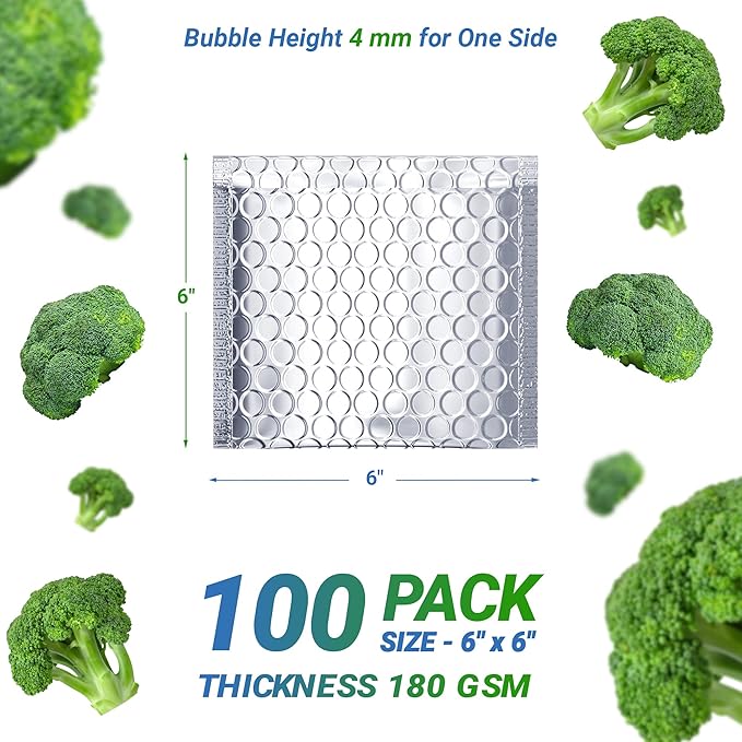 Amiff Silver Thermal Bubble Mailer, 6 x 6 Inches. 100 Pack Metallic Bubble Mailers. Self-Seal Insulated Mailers for Cold Shipping. Padded Envelopes Waterproof. Thermal Bag for Food, Cosmetics