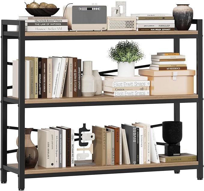 3 Tier Bookshelf 39.37" Width, Dorm Desk Hutch, Desk Shelf, Long Industrial Bookcase, Wooden Large Book Shelf for School Home Living Room Bedroom Office Storage(Light Coffee)