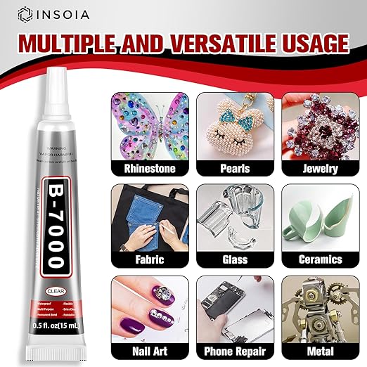 B7000 Rhinestone Glue Clear 16 PCS 15ml – Strong Transparent No Trace Jewelry Glue with Precision Tip, Quick Dry Multi-Purpose Adhesive for Making Nail Makeup Fabric Shoes Craft Phone Repair