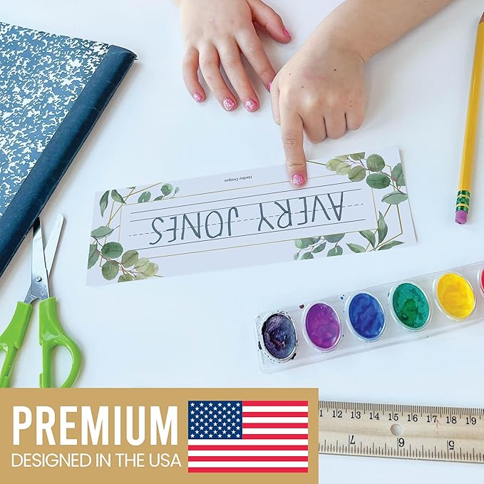 Desk Name Tags for Classroom -25 Student Name Plates for Classroom Kindergarten, Preschool, 1st, 2nd & 3rd Grade, 9x3 Teacher Nameplates for Student Desks & Cubbies, Greenery Nametags