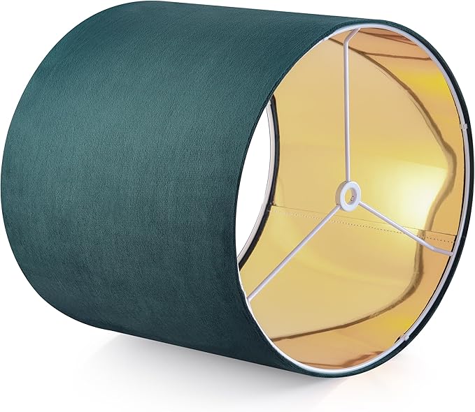 GO&SO Green Velvet Medium Lamp Shades Drum Lamp Shades 13" Top x 13" Bottom x 10" High (Spider) Modern Lampshade for Table Lamps & Floor Lamps & Bedside Lamps -Assembly Required - By GO&SO
