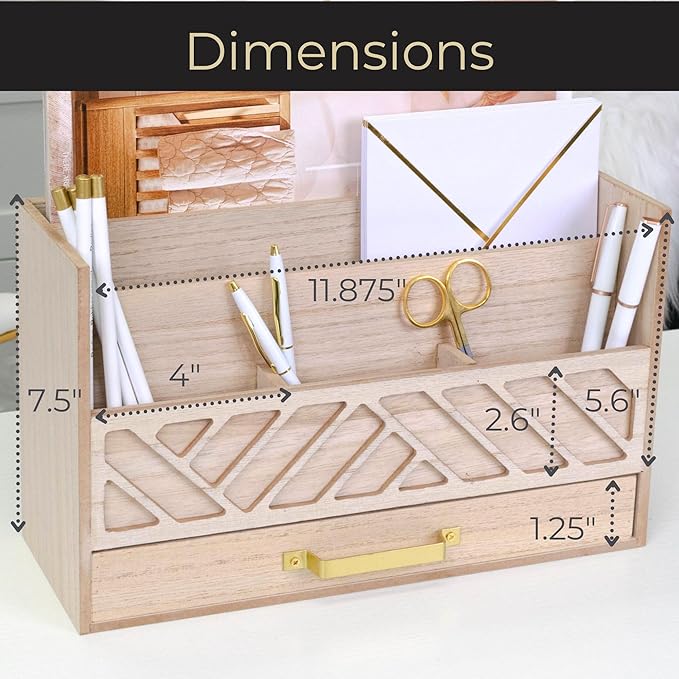 BLU MONACO | Wooden Mail Organizer with Drawer and Gold Handle | Outgoing Mail Holder and Letter Sorter for Desk | Natural Wood Desktop Paper Organizer