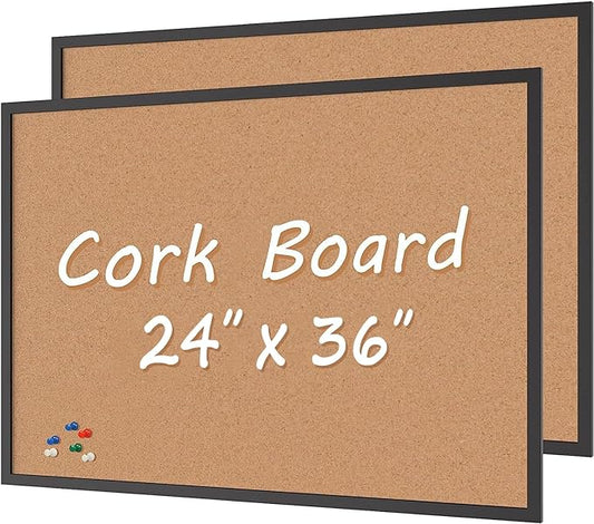 Board2by 2-Pack Cork Board Bulletin Board 24 x 36, Black Wood Framed 2x3 Corkboard, Office Board for Wall Cork, Large Wall Mounted Notice Pin Board with 32 Push Pins for School, Home & Office