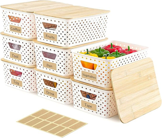 AntStep 8 Pack Plastic Storage Bins with Bamboo Lids - Stackable Storage Baskets with Handle for Pantry Organizer and Storage, Plastic Containers Bins Lidded Storage Bins for Classroom Office Shelves