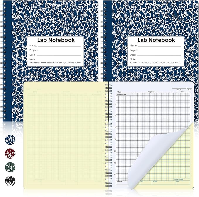 Affrolling 2 Pack Carbonless Lab Notebook Carbon Copy 8.5'' x 11'' 50 Set of Pages 100 Pages Total Laboratory Engineering Chemistry Computation Notebook Science Grid Total Coil Binding(Blue and White)