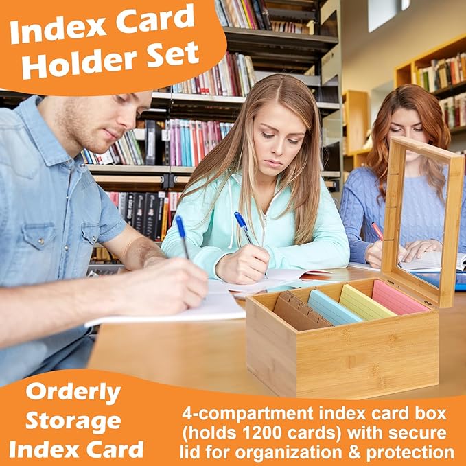 5x8 Index Card Holder with Dividers Bamboo Index Card Storage Box 4 Compartments Recipe Card Box with Lid 150 Index Flash Cards 25 Index Card Dividers 2 Letter Smile Stickers for Office Business Home