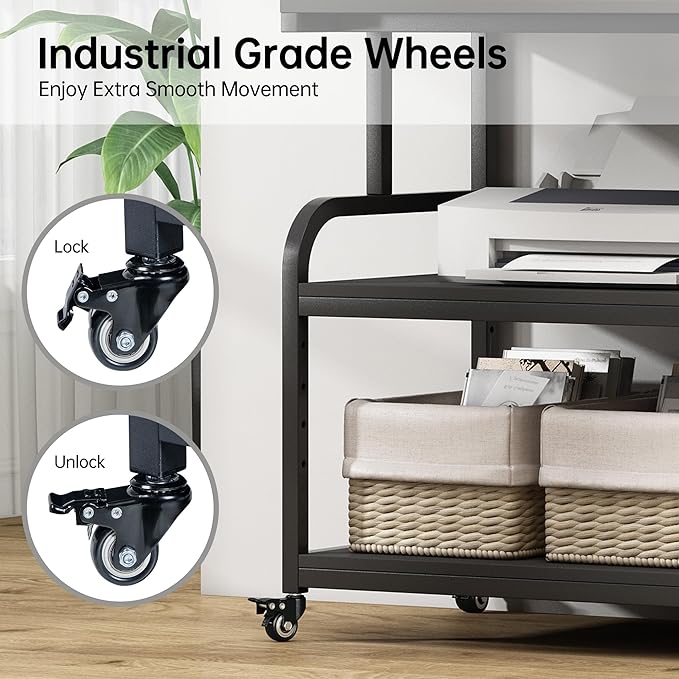 Fannova 32.3" x 18.9" Extra Large Printer Stand Table with Adjustable Storage Shelf, 3 Tier Rolling Printer Cart with Industrial Wheels for Home Office, Black