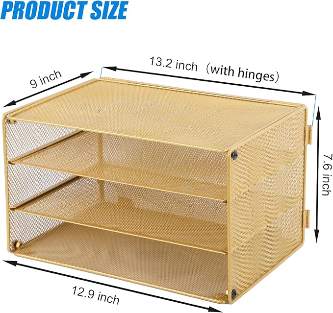 EASEPRES Paper Organizer Tray, 3 Tier Mesh Desk File Organizer Letter Sorter Holder for Home Office, Gold