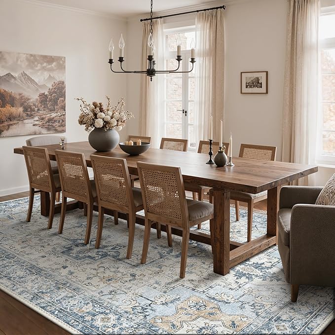GENIMO 5x8 Area Rugs for Living Room, Machine Washable Low Pile Rugs, Chenille Non Slip Vintage Rug for Bedroom, Dining Room, Home Office, Blue