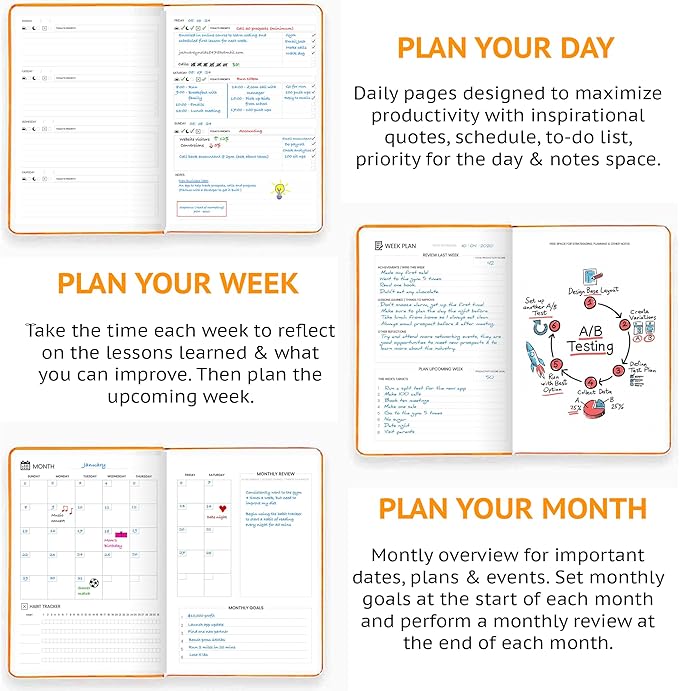 Wyze Planner Undated Daily Planner – 1-Year B5 Productivity Organizer with Two-Page Weekly Spread, Goal Setting, Habit Tracker, Weekly & Monthly Pages – Hardcover Time Management Notebook (Orange)