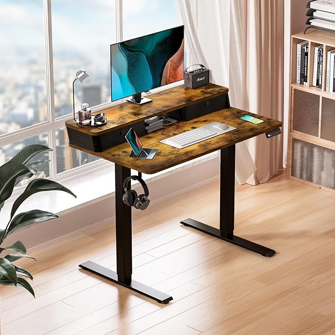 Kingant 40 x 24 Inch Electric Standing Desk with Dual Drawers, Height Adjustable Sit to Stand Computer Desk with Storage Shelf and C-Clamp Mount Compatibility for Home Office, Rustic Brown