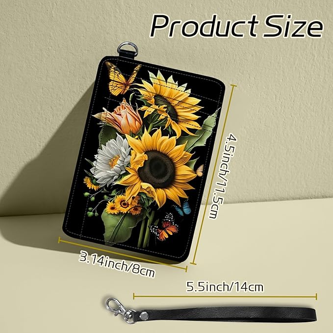 BWEGRHE Small Travel Wallets, Sunflowers Butterfly Slim Minimalist Front Pocket Wallet with Wristlet, RFID Blocking PU Leather Credit Card Holder with ID Window Change Purse for Men Women