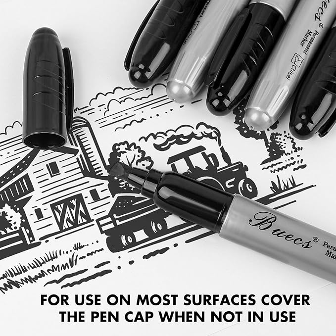 Buecs King Size Permanent Markers, 40 Count Black Jumbo Permanent Markers, Chisel tip, Waterproof & Smear Proof Markers, Quick Drying, Office Supplies for School, Office, Home