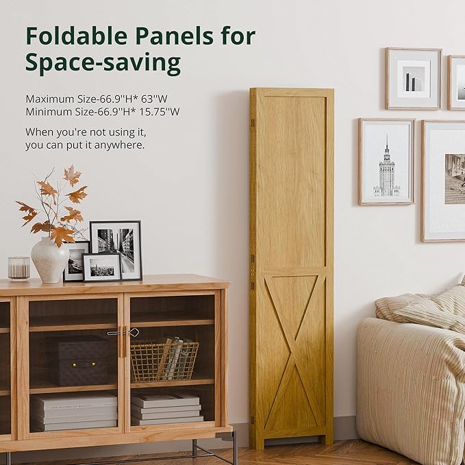 Cozy Castle Wood Room Divider, 4 Panels Folding Privacy Screen, 66.9'' Wall Divider, Barnwood Room Separator, Freestanding Partition, Temporary Wall for for Home Office Restaurant Decorative, Natural