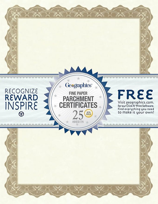 Geographics Optima Gold Blank Award Certificate Paper with Gold Foil Seals, 8.5 x 11", Seal 1.75" (Pack of 25)