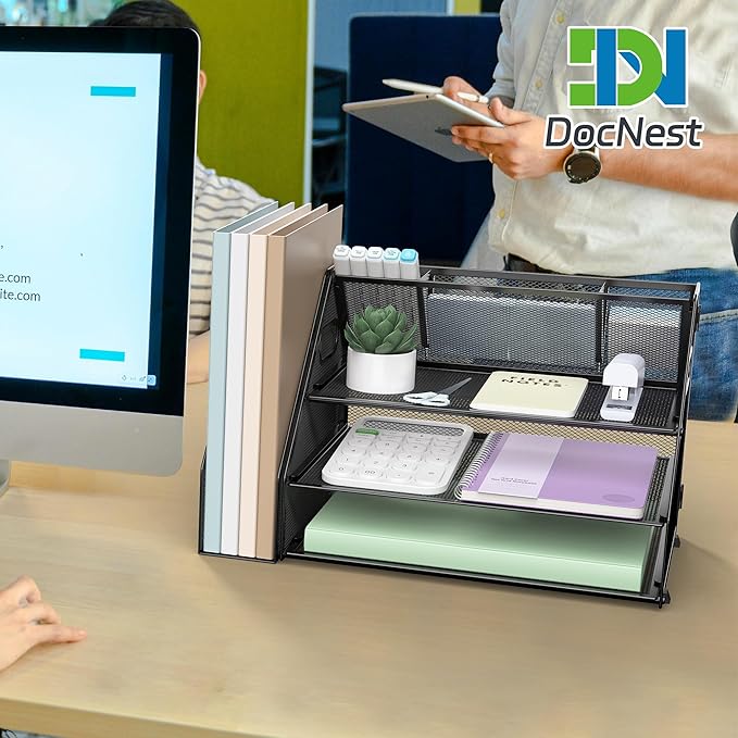 Docnest 3 Tier Metal Mesh Desk Organizer - Letter Tray with Built-in Pen Holder & Handle, Black