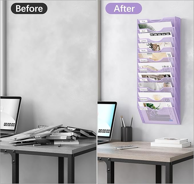EasyPAG 10 Pocket Mesh Wall File Organizer, Hanging Paper Folder Holder with Classify Label, Vertical Wall Mount Mail Organizer for Office Home Classroom, Purple