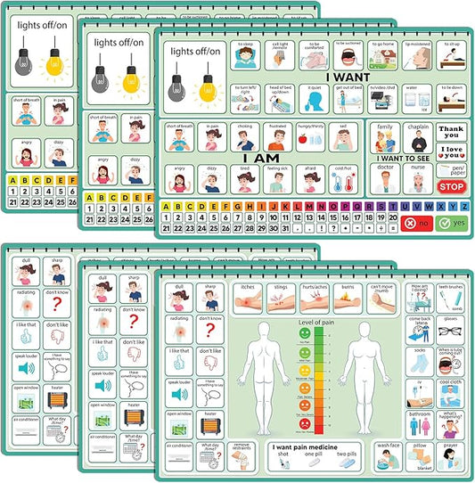 6 Pcs Communication Board for Nonverbal Adults Aphasia Colorful Picture Symbol Communication Cards for Patients Children(Green)