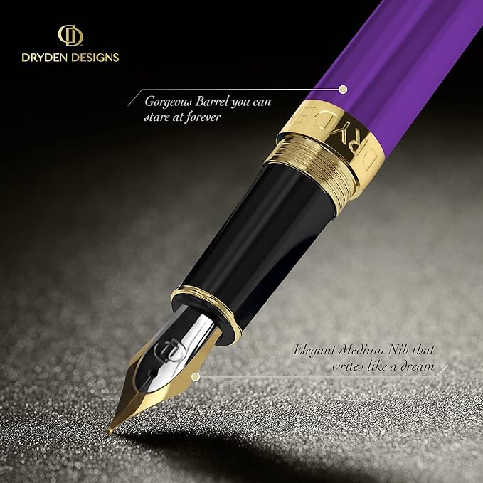 Dryden Designs Fountain Pen - Medium and Fine Nibs | Includes 24 Ink Cartridges and Ink Refill Converter | Consistent Writing, Smooth Look, Left and Right Handed - Decadent Purple.