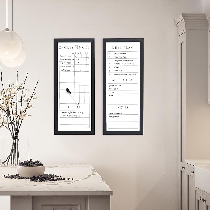 Sheffield Home Set of Two Family Planner Dry Erase Boards Featuring, Chore Chart, Shopping List, Weekly Meal Planner and Notes, 9x21 Inch, Black