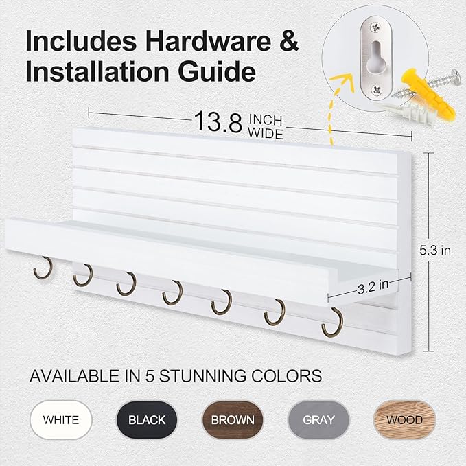 Lwenki Decorative Key Holder for Wall with Shelf, Entryway Shelf with Hooks Holds Leashes, Jackets and Glasses – Sturdy Wood Keyholder Entrance Hanger with Mounting Hardware (White, Large)