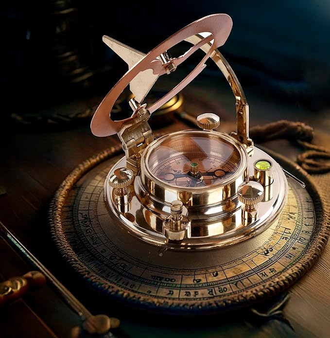 Brass Sundial Compass in Leather Case – Unique Nautical Gifts for Men, Antique Sailing Anniversary Gadget, Maritime Pocket Watch Clock, Nautical Decor for Him