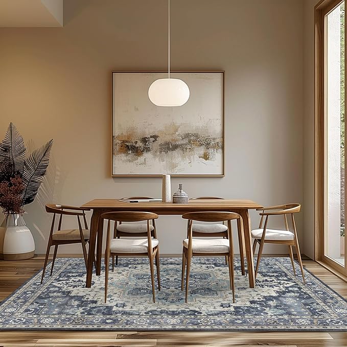 GENIMO 8x10 Area Rugs for Living Room, Machine Washable Non Slip Vintage Rugs, Low Pile Lightweight Chenille Print Rug for Bedroom, Dining Room, Home Office, Center Blue