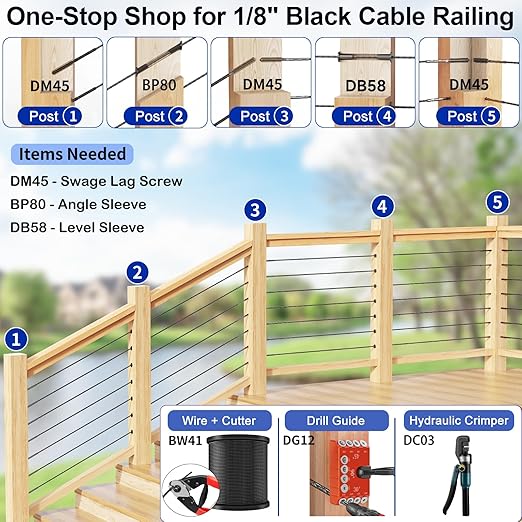 Steel DN Mate 200 Pack Stainless Steel Protector Sleeves for 1/8”, 5/32", 3/16" Wire Rope Cable, Black Cable Railing Kit Hardware for Wood Post, T316 Marine Grade DB58