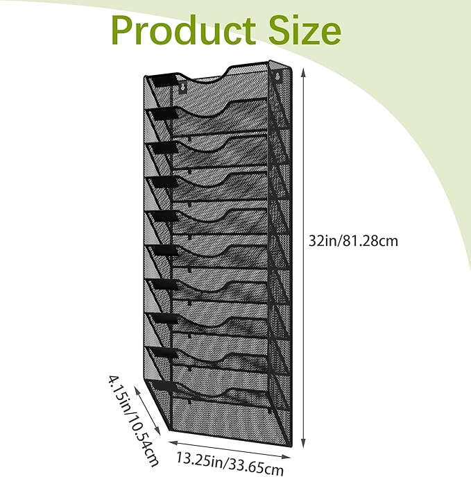 EasyPAG 10 Pocket Mesh Wall File Organizer, Hanging Paper Folder Holder with Classify Label, Vertical Wall Mount Mail Organizer for Office Home Classroom, Black
