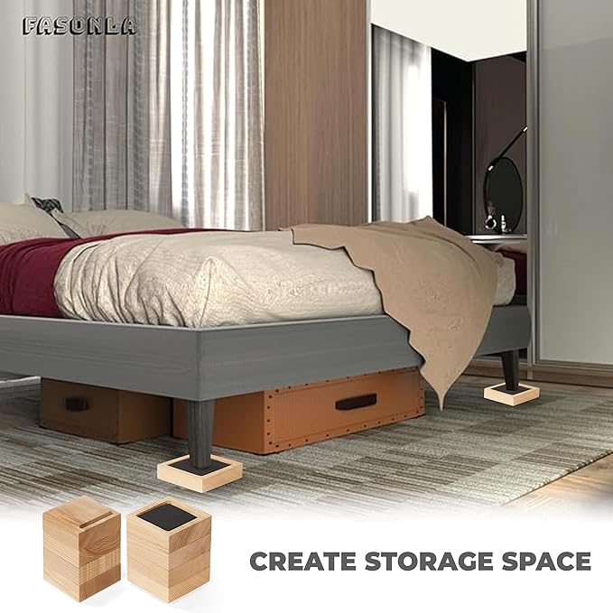Bed Risers, Furniture Risers (Set of 8-Height 1") Can be Adjusted to 2'' 3''or 4'', Lifts Furniture Risers, Solid Natural Wood Risers, Non-Slip Recessed Hole (Square-Natural Color)