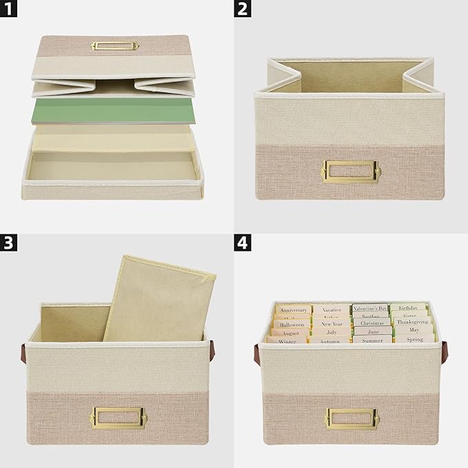 Vienrose Greeting Card Organizer Box with 20 Removable Dividers, 84 Self-Adhesive Labels, Foldable Storage Box Great for Greeting Cards, Photos, Envelopes, Stickers, Postcards Beige&Khaki