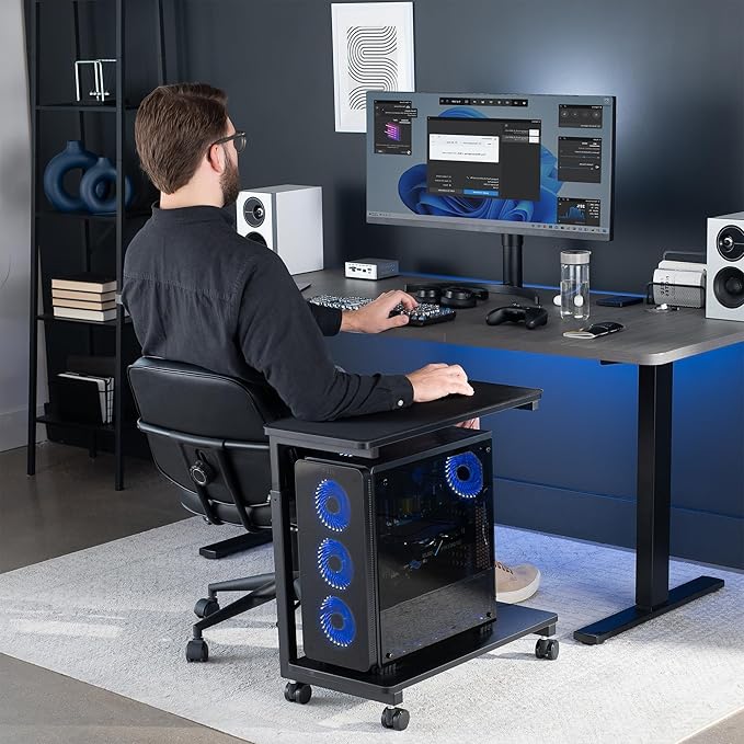 VIVO Large Mobile Adjustable 2-Tier PC Stand, Premium Gaming CPU Computer Tower and Mouse Storage, Rolling Floor Cart, Locking Caster Wheels, Black, CART-PC03P