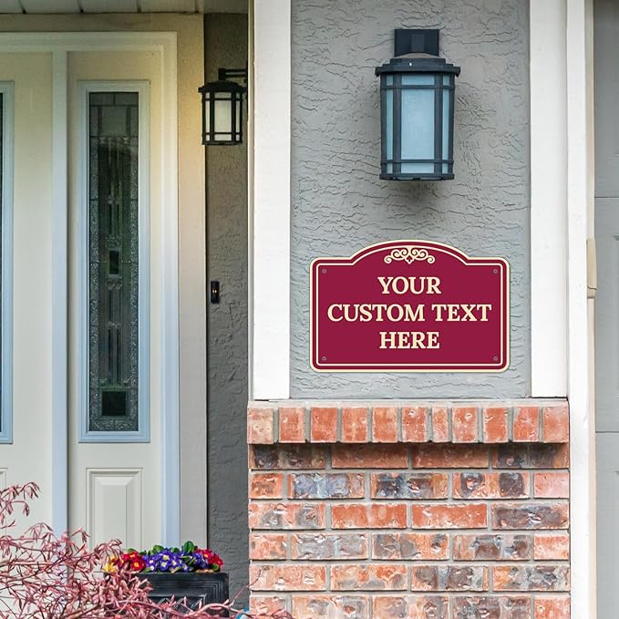 Custom Decorative Sign, Personalized Metal Sign for Driveway, Home, Airbnb, Door Plaque, Burgundy Background 12x18 Inches, ACM, Fade Resistant, Made in USA by Sigo Signs