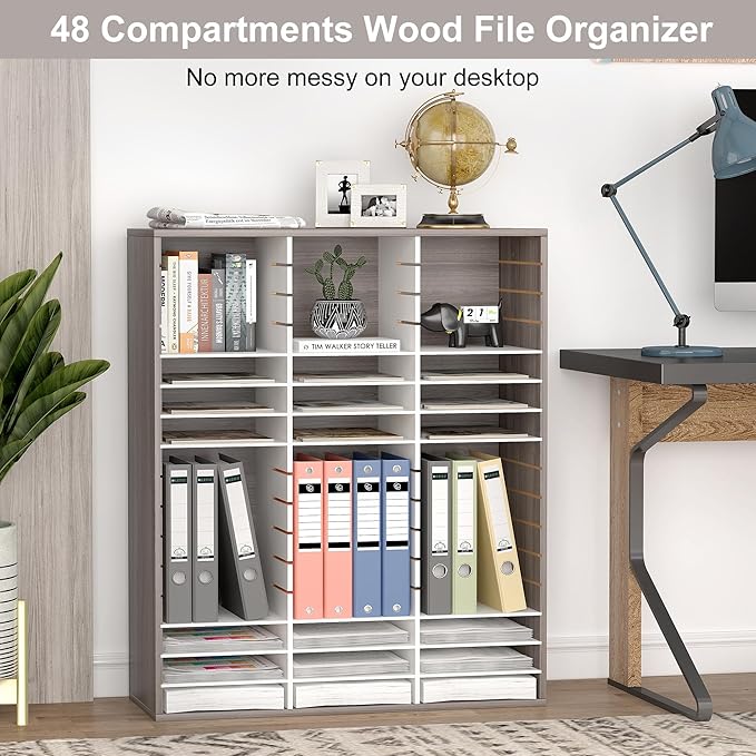 EasyPAG Wooden Literature Organizer with Adjustable Shelves, 48 Compartments Office Paper Organizer Storage 24000 Sheets Letter Size Paper, Student Mailbox for Classroom, Retro Gray/White