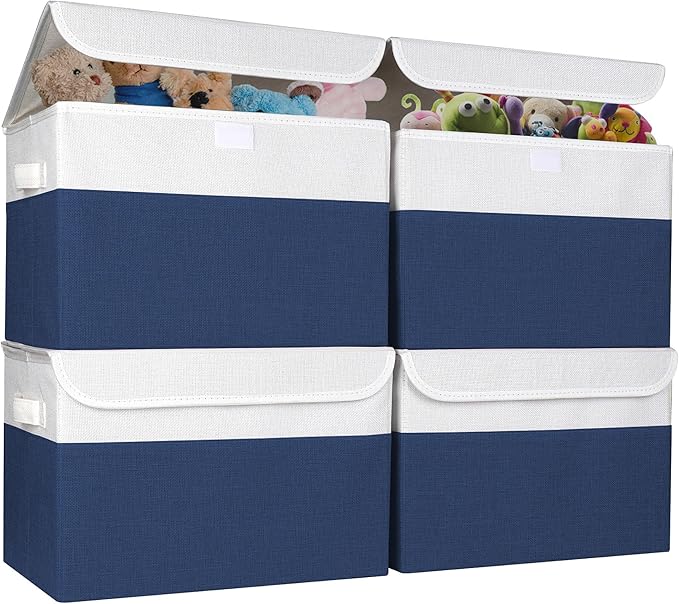 Bagnizer Large 22 Quart Linen Fabric Foldable Storage Bin Cube Organizer Basket with Flip-Top Lid & Handles, Clothes Blanket Box for Home, Office, Closet, Navy Blue & White, 4 Pack 14.6 x 9.5 x 9.5