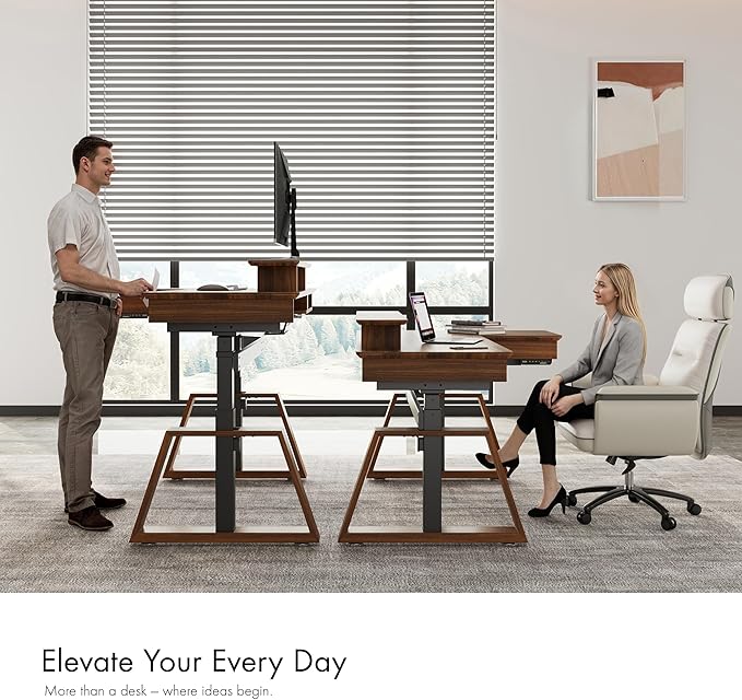 EUREKA ERGONOMIC L Shaped Desk 63", Solid Walnut Wood Top, Executive Standing Desk Adjustable Height, Dual Motor Corner Workstation with Drawers & Monitor Shelf for Home Office, Left