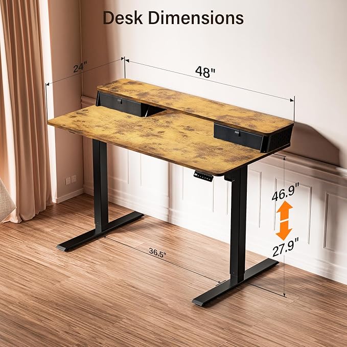 Kingant 48 x 24 Inch Electric Standing Desk with Dual Drawers, Height Adjustable Sit to Stand Computer Desk with Storage Shelf and C-Clamp Mount Compatibility for Home Office, Rustic Brown