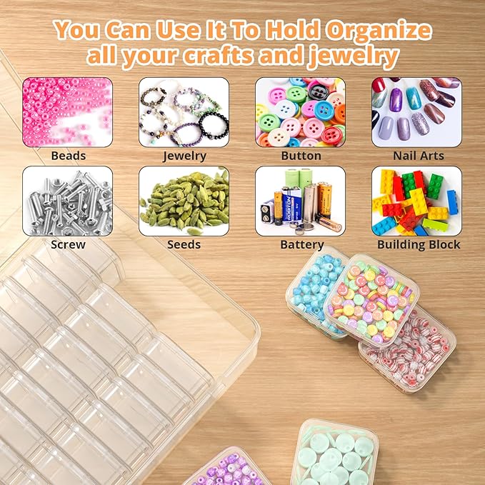 Mathtoxyz Bead Organizer Box, 93Pcs Small Organizers and Storage Plastic Cases, Mini Clear Storage Containers With Hinged Lid, Rectangle for Bracelet Making, DIY Jewelry Craft, Nail