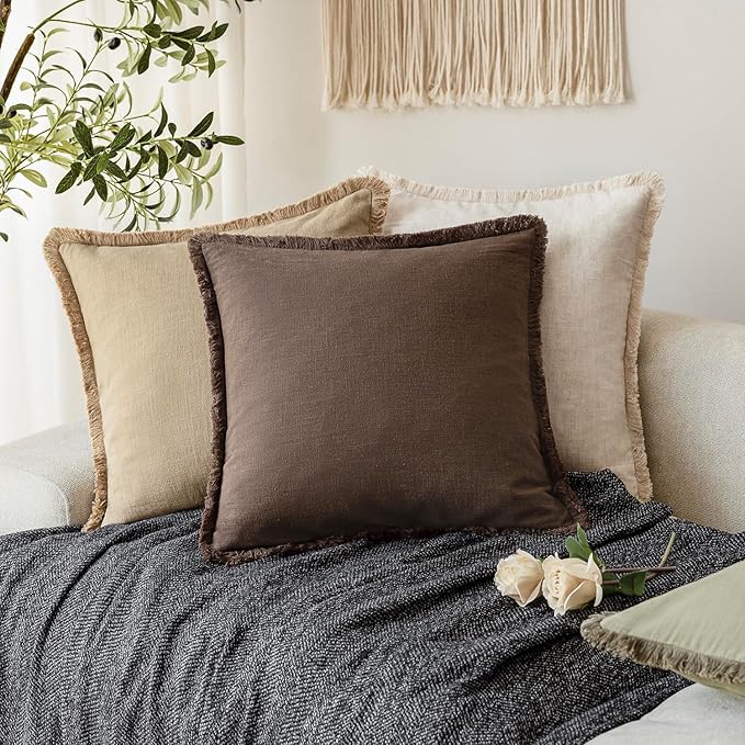 Foindtower Set of 2 Decorative Linen Fringe Lumbar Throw Pillow Covers Farmhouse Cushion Cover with Tassels Soft Accent Pillowcase for Couch Sofa Bed Living Room Home Decor,12×20 Inch,Reddish Brown