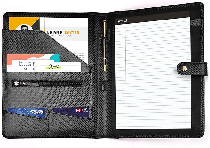 LEATHER VILLAGE Portfolio Professional Organizer – Carbon Fiber Genuine Leather Padfolio Resume Folder for A4 Letter Pad with Pen Holder, Business Card Slots – Ideal for Men & Women - Black