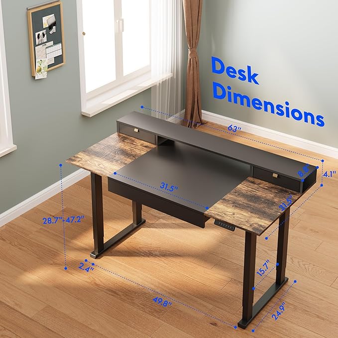FLEXISPOT 63x32 in 4-Leg Standing Desk with Storage Electric Adjustable Height with 3 Drawers & Shelving Home Office Workstation (Black + Special Walnut Top)