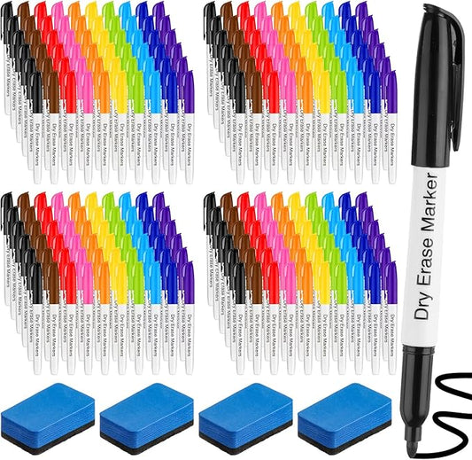 Thenshop 200 Pack Dry Erase Markers Bulk with 4 Magnetic Erasers Fine Tip Dry Erase Markers Whiteboard Pens Bulk for Office Supplies(Cute Color)